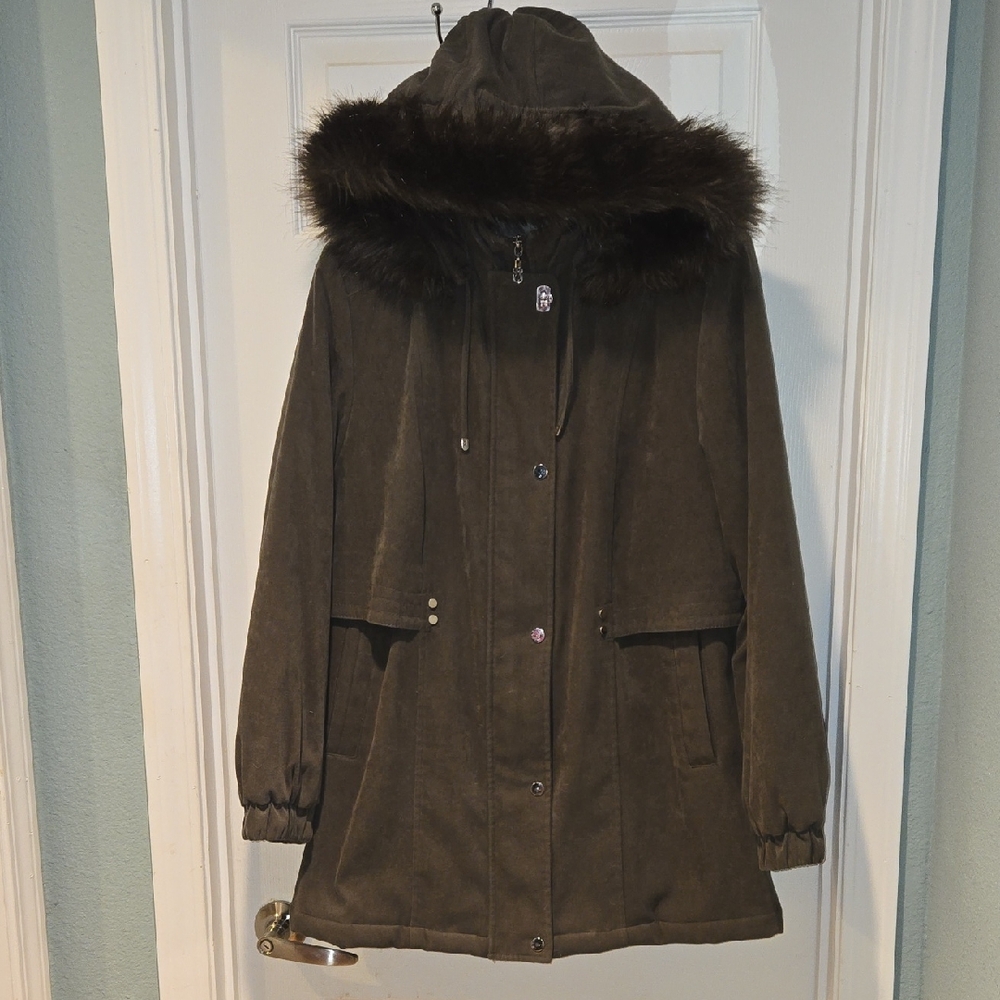Croft & Borrow Green-Grey Hooded Coat with Faux Fur Trim Size M